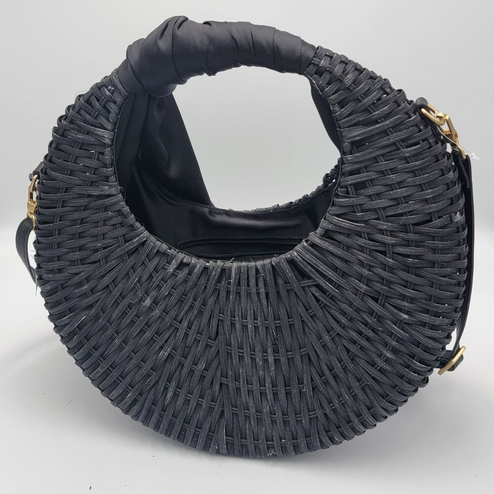 Boho Large Crescent Crosbody Woven Rattan Handbag With Fabric Handle Wrap - Picture 2 of 16